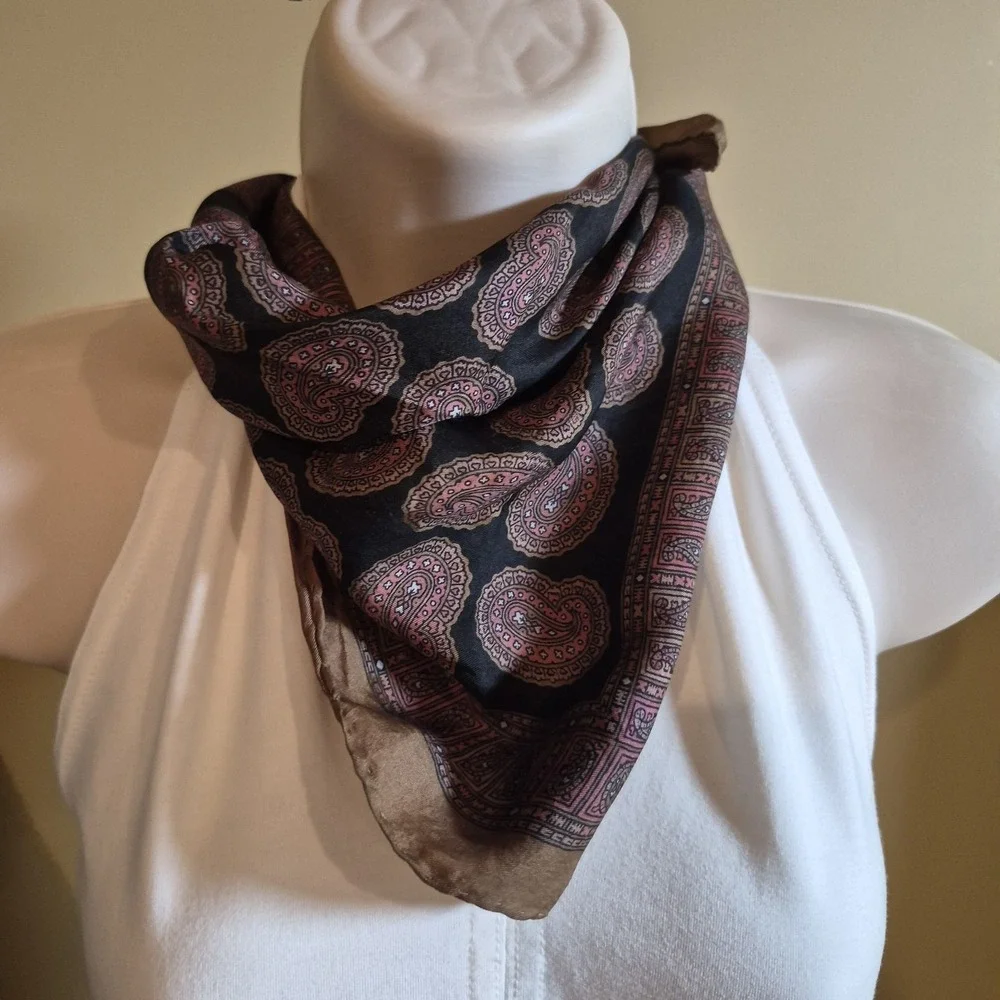 Vintage Silk Paisley Square Scarf Hand Rolled Hem Pink Tan Black 18x18